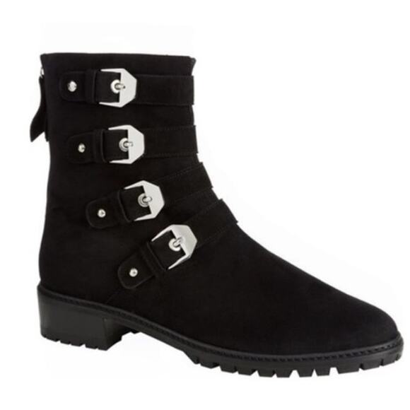 Stuart Weitzman Jitterbug Buckle Moto Boots Suede Flat Ankle Boots Black - Picture 1 of 13